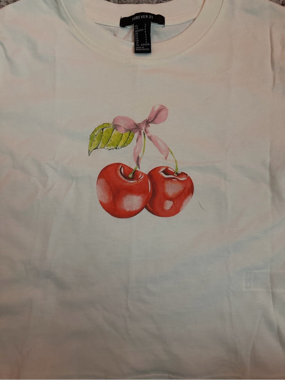 Forever 21 White Tee with Red Cherry Graphic and Pink Bow - Picture 4 of 5